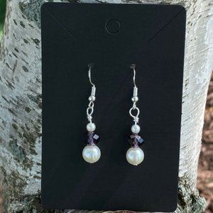 Womens drop purple crystal pearl earrings